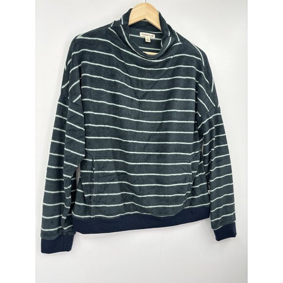 Toad & Co. Fleece Striped Mock Neck Pullover Sweater Top Pocket Green Large - Picture 2 of 5